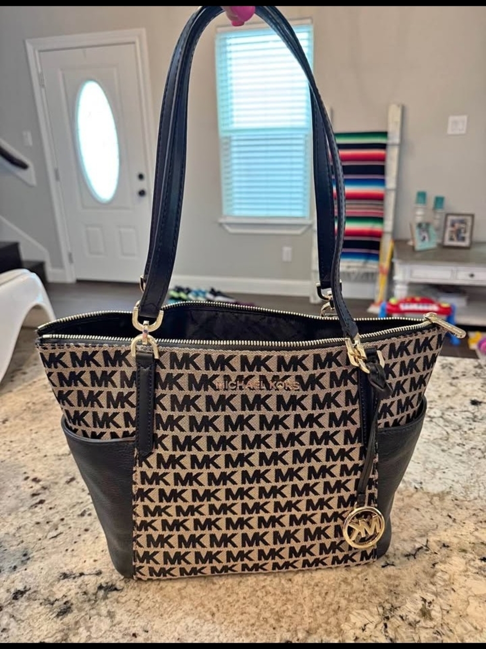 Michael Kors Black and Beige MK Logo Tote with Gold Hardware